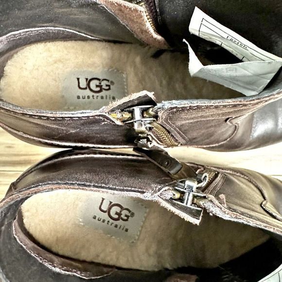 UGG | Meredith Wedge Heel Leather Booties Ankle Boots Brown | Size 7 - Picture 8 of 12